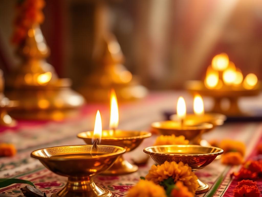 Brass diya lamps lit for evening aarti