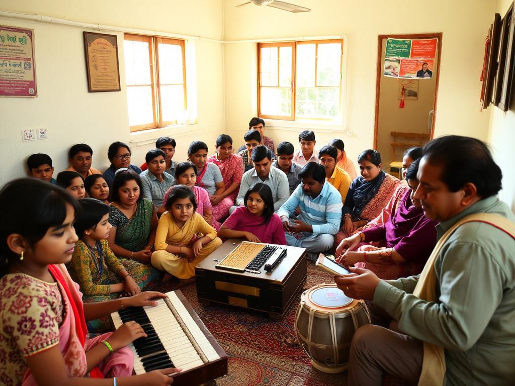 Children learning Gujarati and music in the classroom