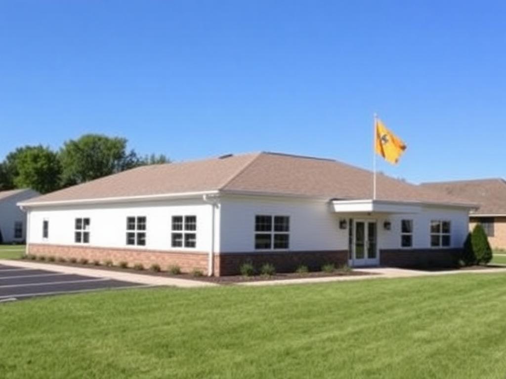 The Shri Khodiyar Mandir Trust building and lawn in Pekin, Illinois